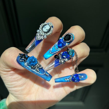 Handmade Royal Blue Vintage Long Coffin Press On Nails, Cameo Portrait False Nails with 3D Blue Rose, Butterfly, Pearls & Dangling Chains