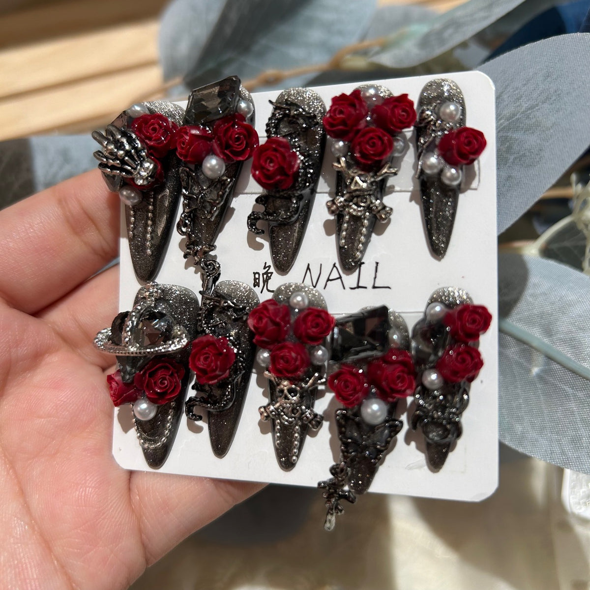 Handcrafted Designer Dark Aesthetic Press-on Nails - Shimmering Cat Eye Base with Heavy 3D Red Roses, Skull Art and Crystals
