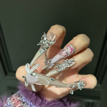 Handmade Champagne Glitter Long Stiletto Press On Nails, Anime Girl Print False Nails with Pink Heart Gems, Bow & Dangling Chains