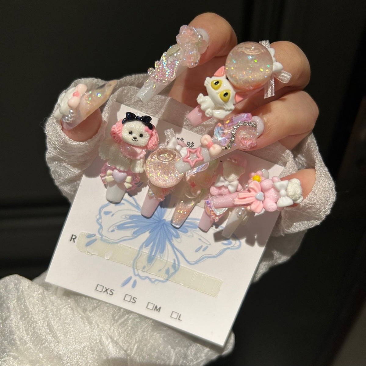 Handmade Kawaii Pink Glitter Long Coffin Press On Nails with 3D Puppy, Cat & Bunny Charms, Bubble Ball, Bow & Flower Decorations