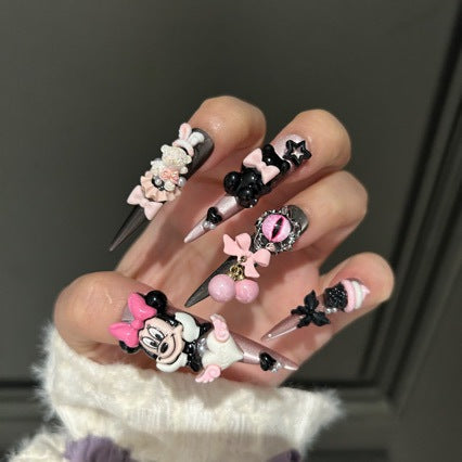 Pink & Black Cat Eye Stiletto Press-on Nails with 3D Cartoon Mouse, Cute Bear, Evil Eye, Cherry Charm, Ice Cream, and Bows - Y2K Sweet Cool Fake Nail Set