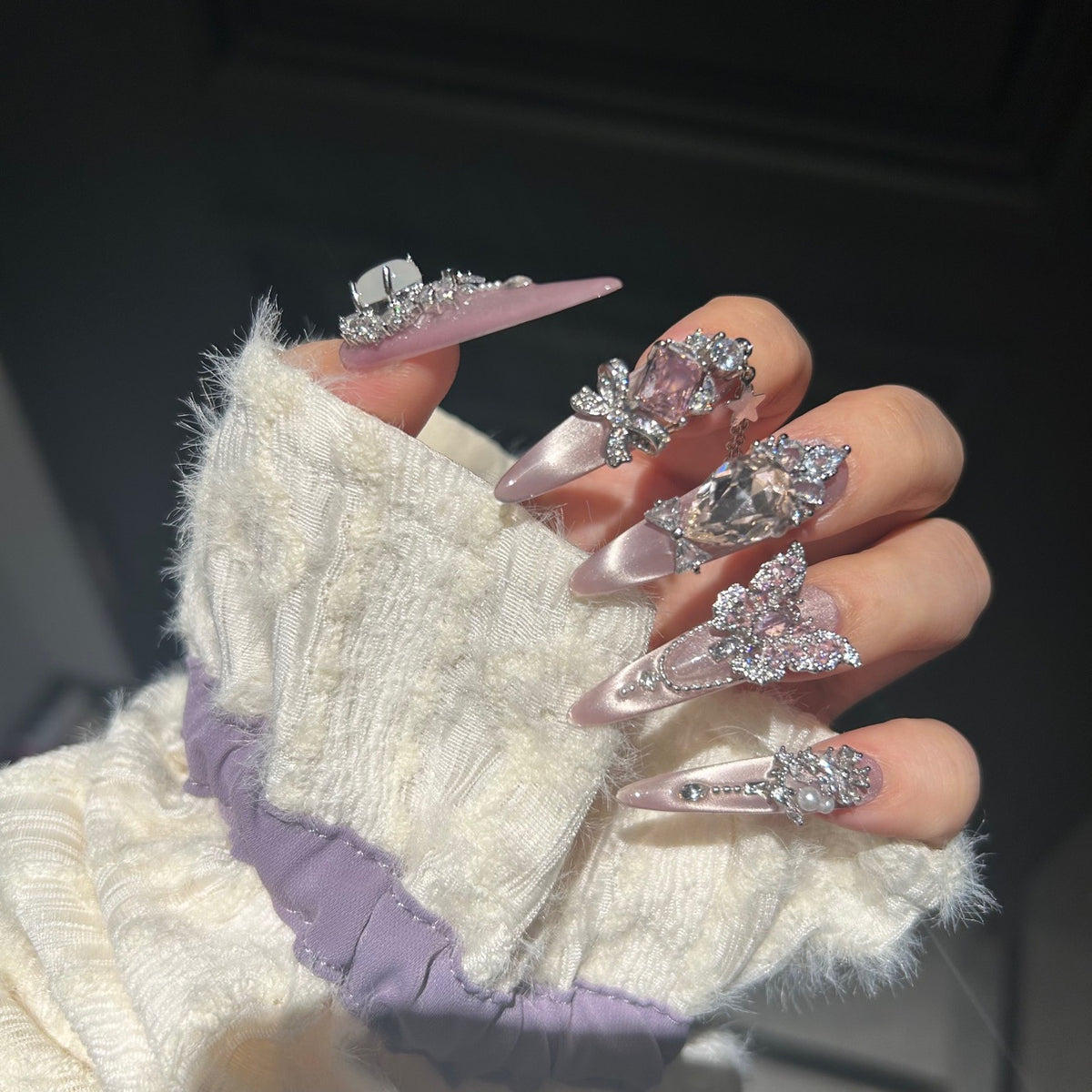 Pink Cat Eye Stiletto Press-on Nails with 3D Butterfly, Crystal Jewels, and Hanging Chain Charms - Luxury Fairy Fake Nail Set