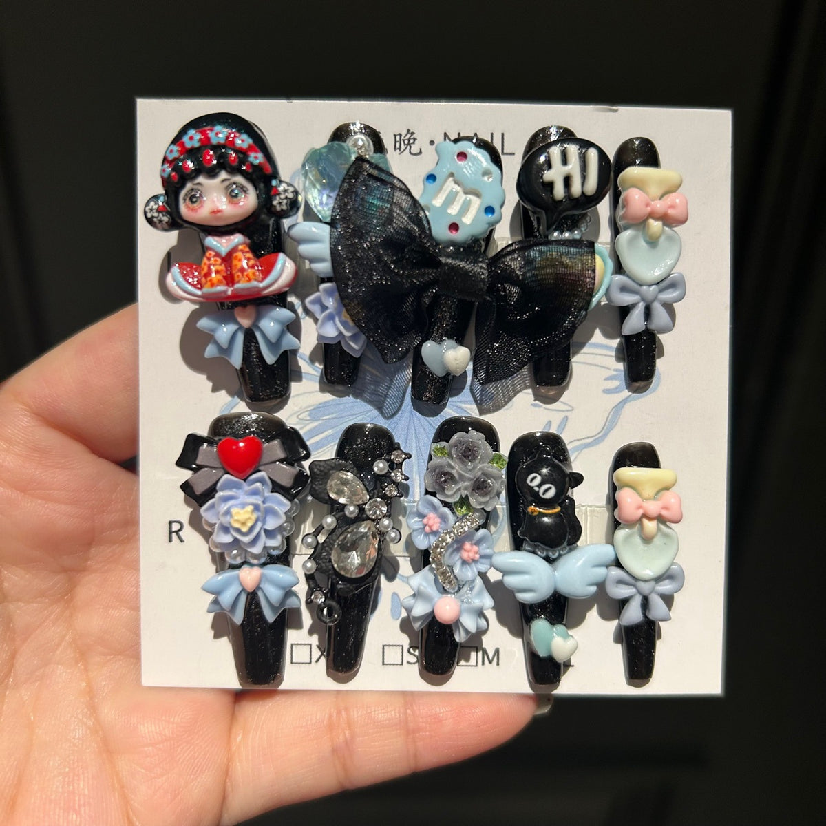 Handmade Black Glitter Long Stiletto Press On Nails with 3D Chinese Style Doll, Big Black Bow, Flower & Cute Cartoon Charms