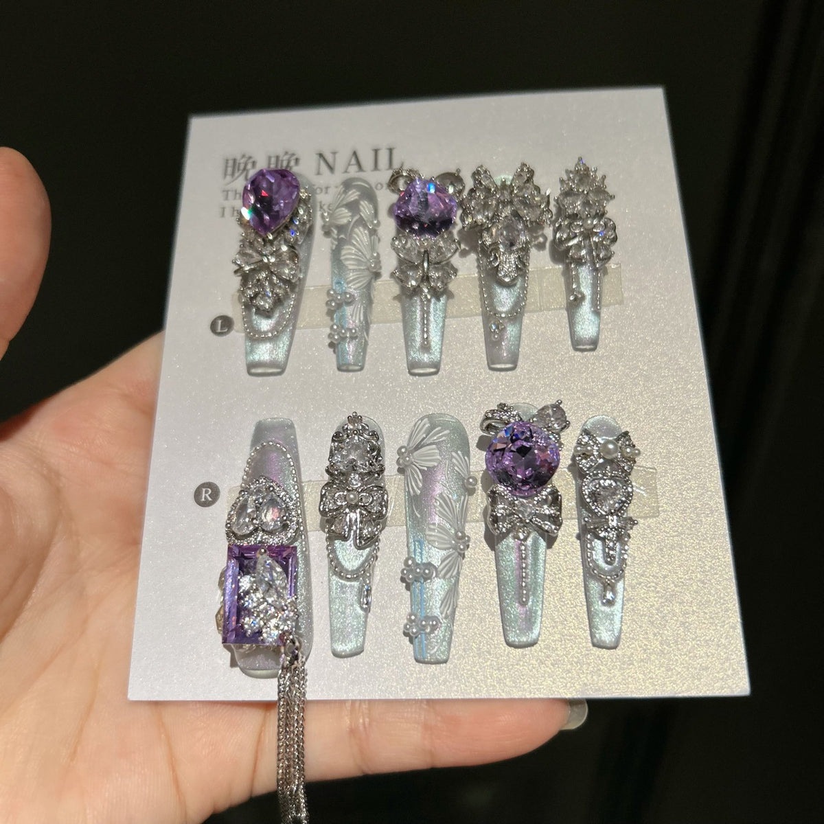 Handmade Mint Green Cat Eye Long Coffin Press On Nails with Giant Purple Heart Crystals, White 3D Butterfly Prints, Silver Rhinestone Bows & Dangling Chains