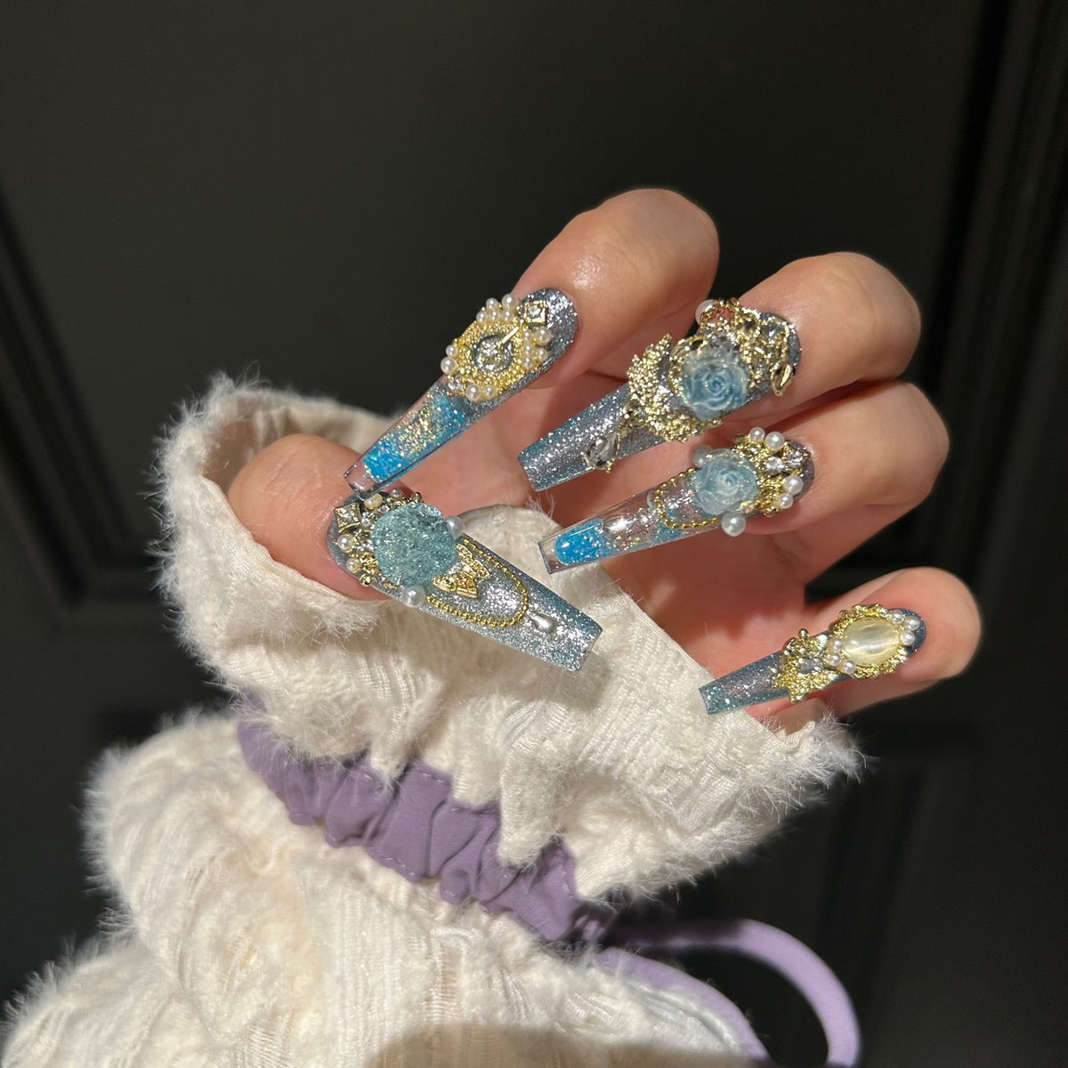Handmade Sparkly Blue Rose Gold Long Coffin Press On Nails with Pearls & Dangling Chains