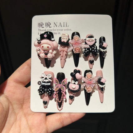 Handmade Pink Black Polka Dot Long Stiletto Press On Nails with 3D Cartoon Character, Bows & Rose Charms
