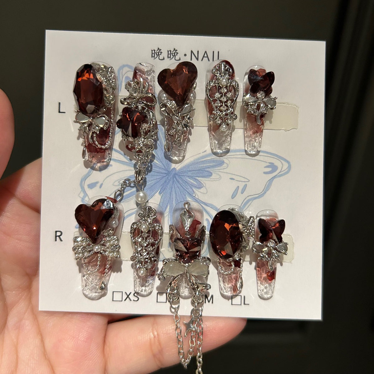 Handmade Red Smoke Gradient Long Coffin Press On Nails with Dark Red Heart Crystals, Butterfly Charms & Dangling Silver Chains