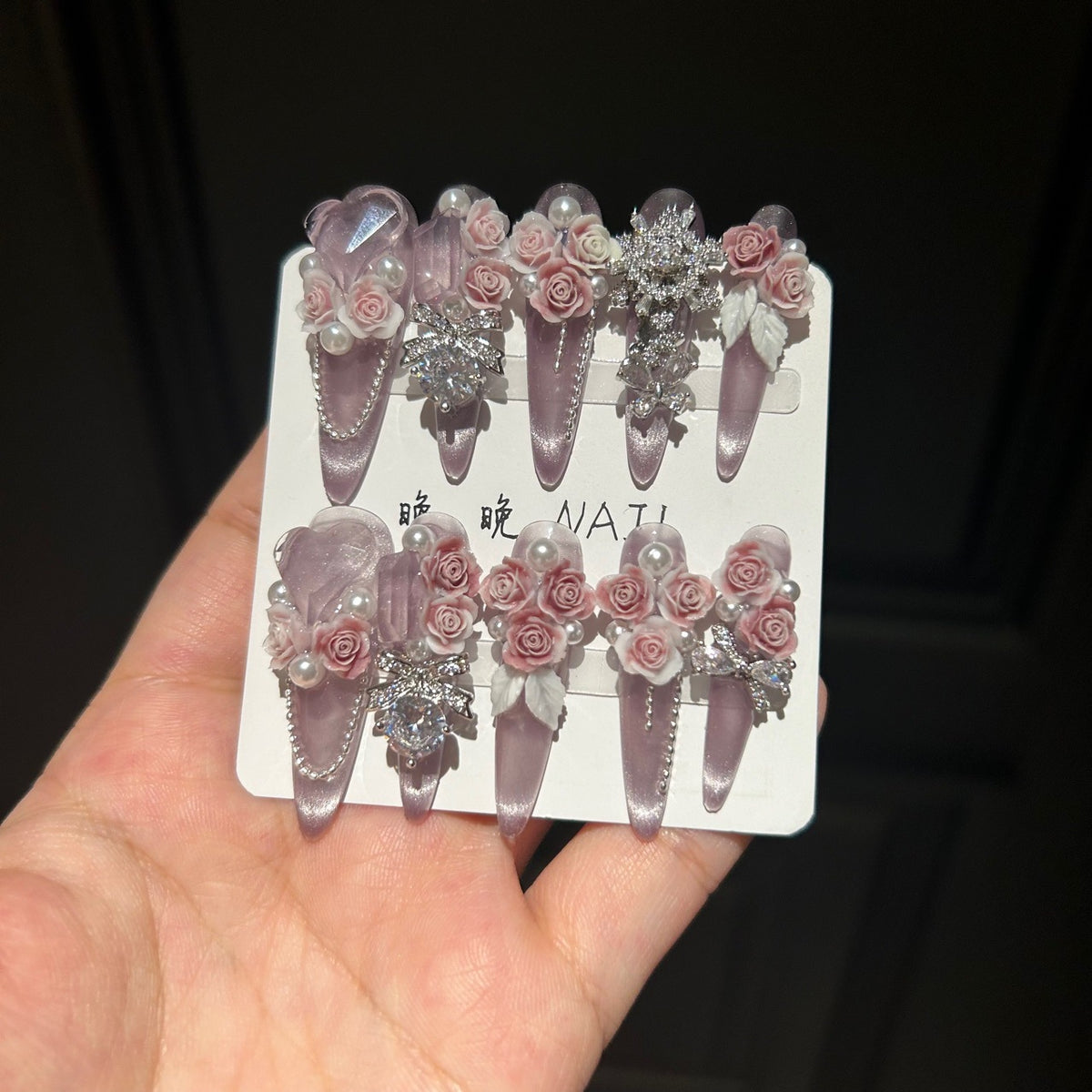 Handmade Dusty Pink Cat Eye Long Stiletto Press On Nails with 3D Pink Roses, Silver Rhinestone Charms, Pearls & Sheer Organza Bows