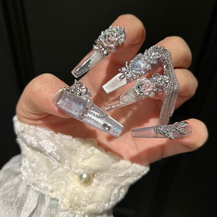 Handmade Iridescent Silver Rose Long Coffin Press On Nails with Butterfly Charms & Dangling Chains