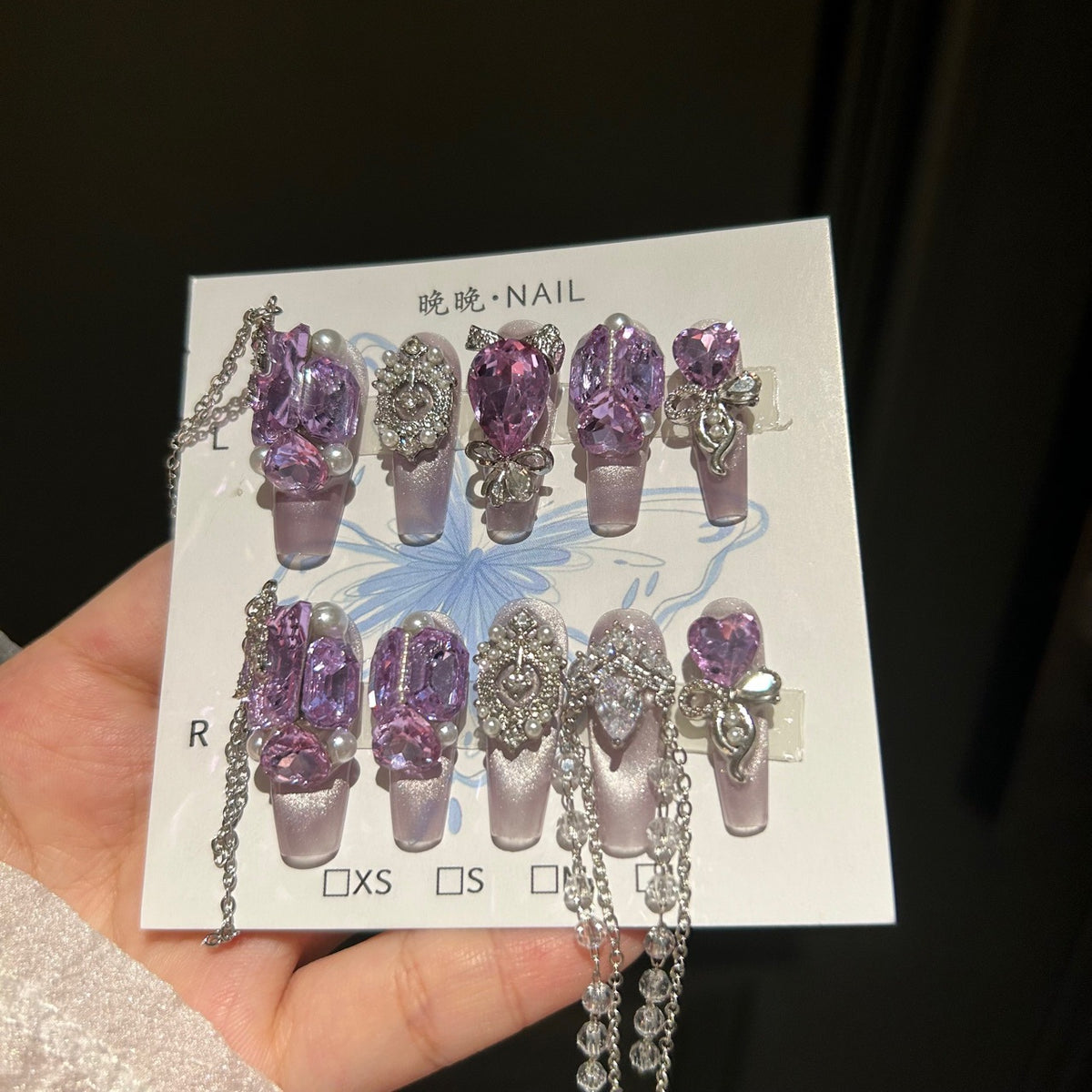 Handmade Light Purple Cat Eye Long Coffin Press On Nails with Large Purple Crystal & Pearl Bow Charms