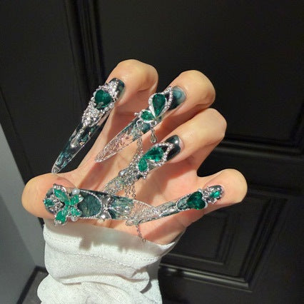 Handmade Teal Gradient Clear Long Stiletto Press On Nails with Emerald Green Butterfly & Heart Crystal Charms