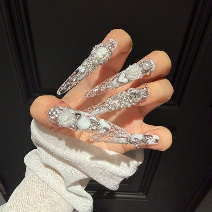 Handmade Clear White Long Stiletto Press On Nails with Vintage Cameo Frames, 3D White Roses, Rhinestone Crowns, Pearls & Dangling Silver Chains