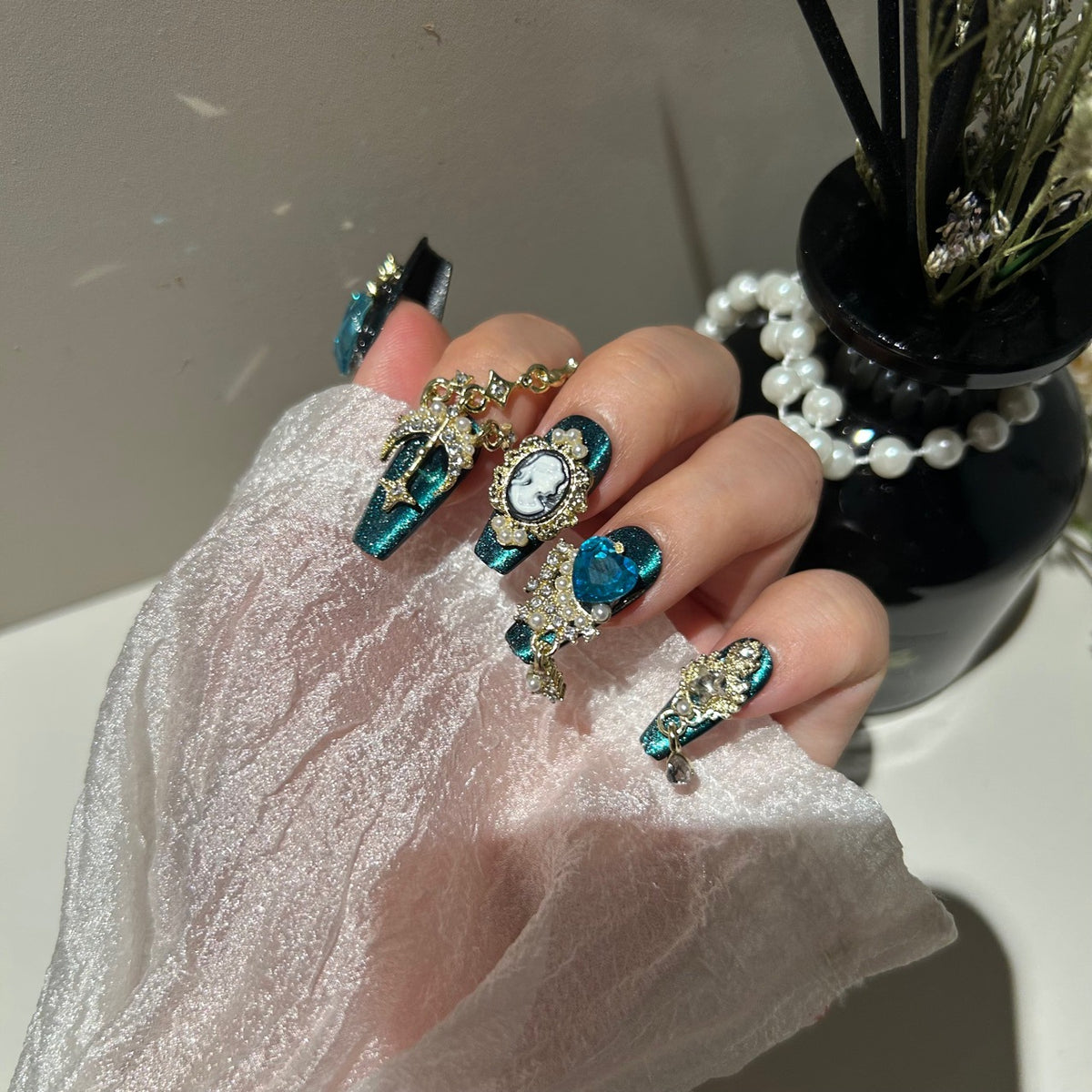 Handmade Dark Teal Glitter Long Coffin Press On Nails with Vintage Cameo Portrait, Large Aqua Blue Crystals, Gold Metal Charms & Dangling Chain Tassels