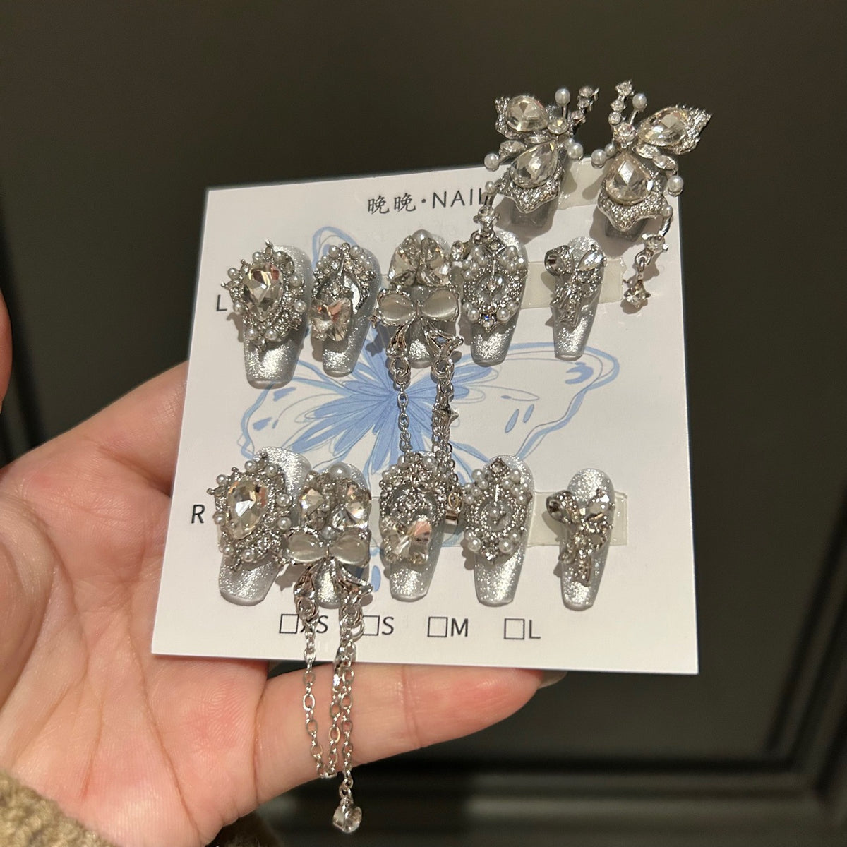 Handmade Silver Cat Eye Long Coffin Press On Nails with Giant Rhinestone Butterfly, Pearls & Dangling Chain Charms