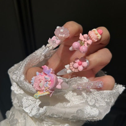Handmade Pink Mermaid Cartoon Doll Long Stiletto Press On Nails with Cupcake, Cherry & Flower Charms