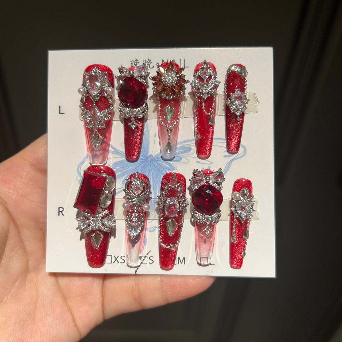 Handmade Red Glitter Gradient Long Coffin Press On Nails with Giant Ruby Crystals, Silver Rhinestone Filigree & Pearl Accents