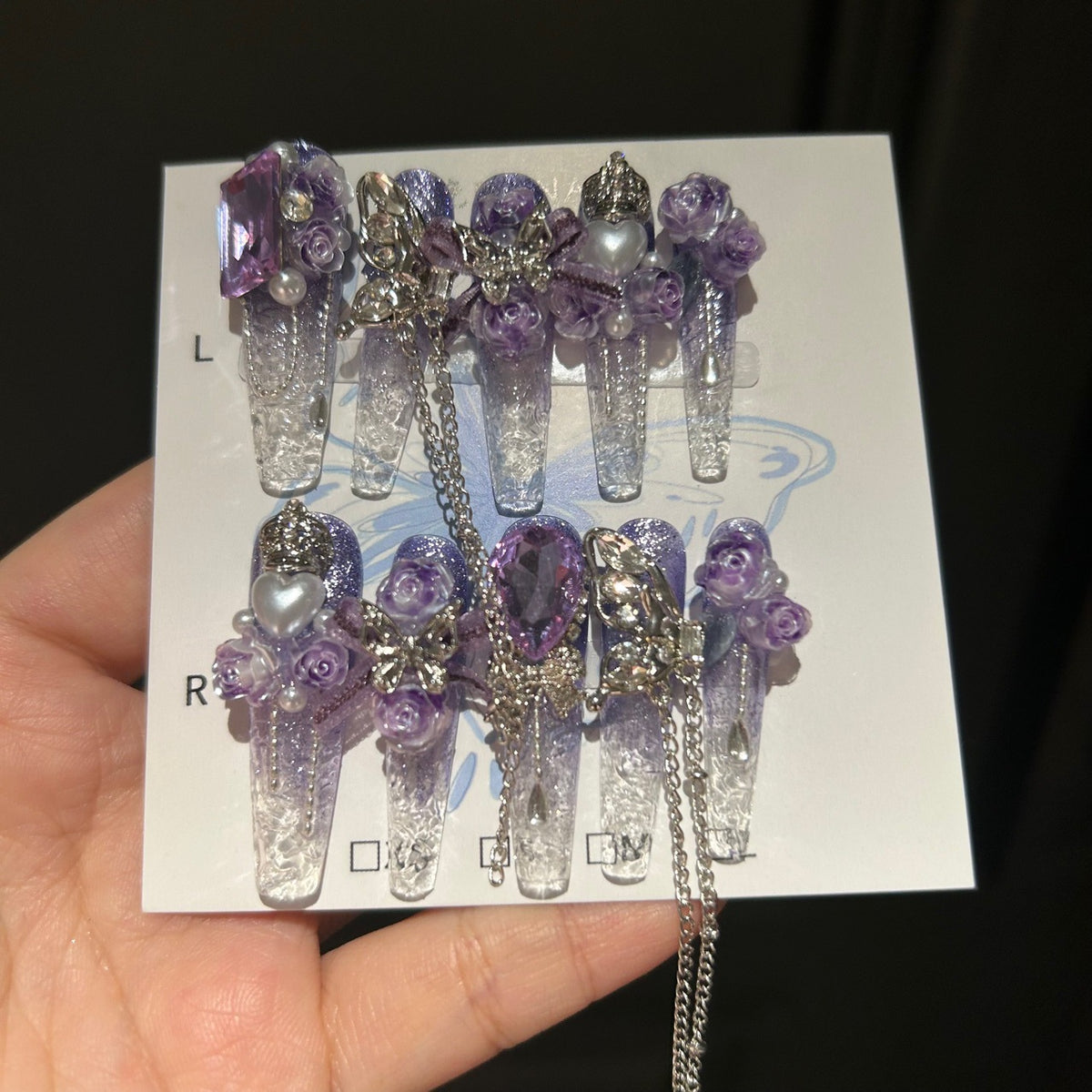 Handmade Purple Ombre Clear Long Stiletto Press On Nails, 3D Purple Rose Butterfly False Nails with Purple Gems & Dangling Silver Chains