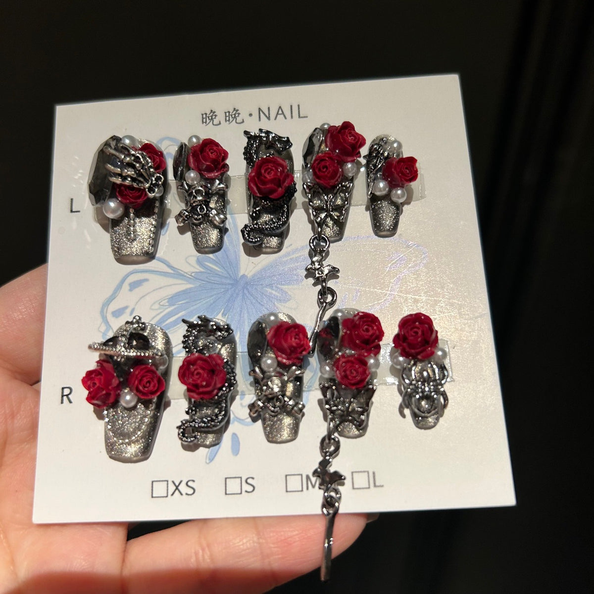 Handmade Metallic Silver Gothic Long Coffin Press On Nails with 3D Red Roses, Skeleton Hand & Dragon Metal Charms, Pearls & Dangling Chains