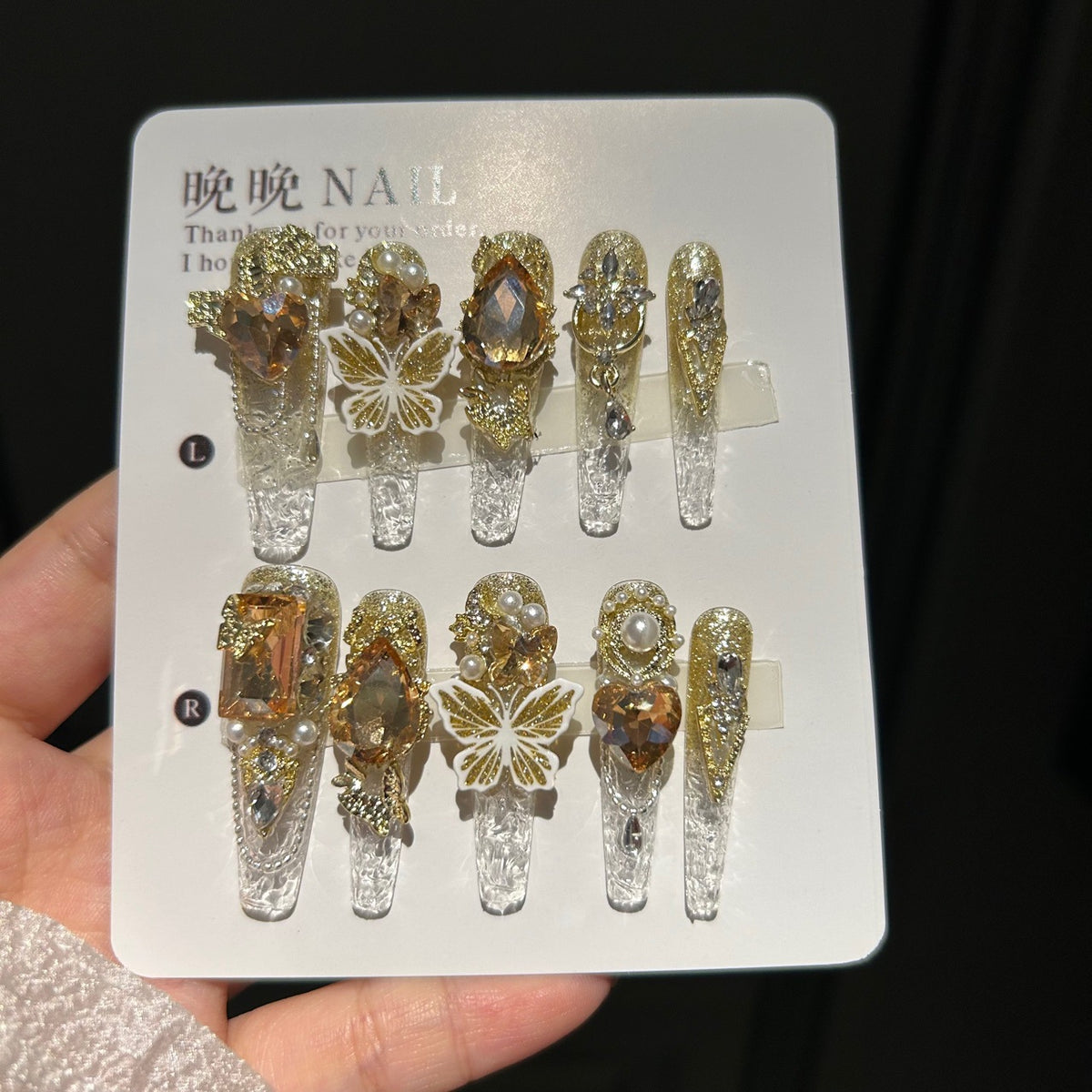 Handmade Clear Gold Glitter Long Stiletto Press On Nails, 3D White Butterfly False Nails with Champagne Heart Gems, Pearls & Rhinestones