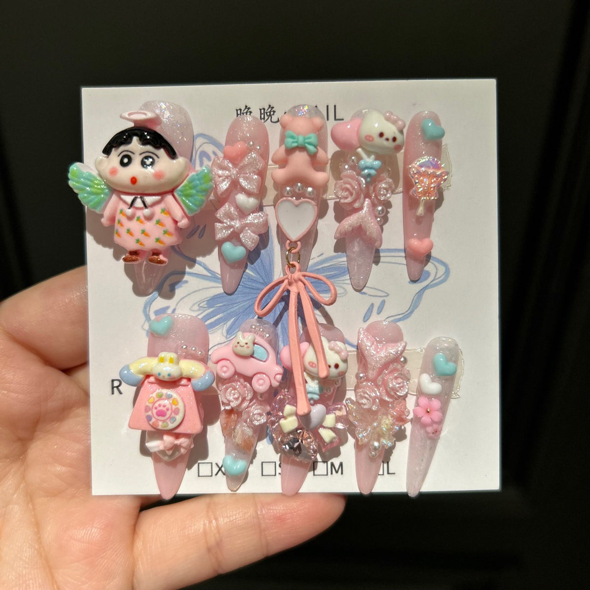 Handmade Kawaii Pink Glitter Long Stiletto Press On Nails with 3D Crayon Shin-chan & Cute Cartoon Charms, Bows & Heart Decorations