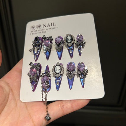 Handmade Purple Blue Cat Eye Cameo Portrait Long Stiletto Press On Nails with Purple Heart Crystals & Butterfly Charms