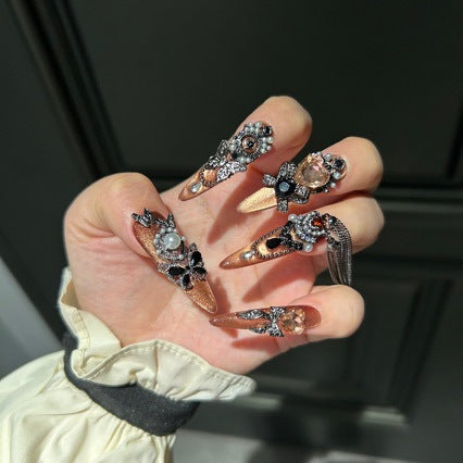 Handmade Bronze Metallic Butterfly Long Stiletto Press On Nails with Peach Heart Crystals & Tassel Chains