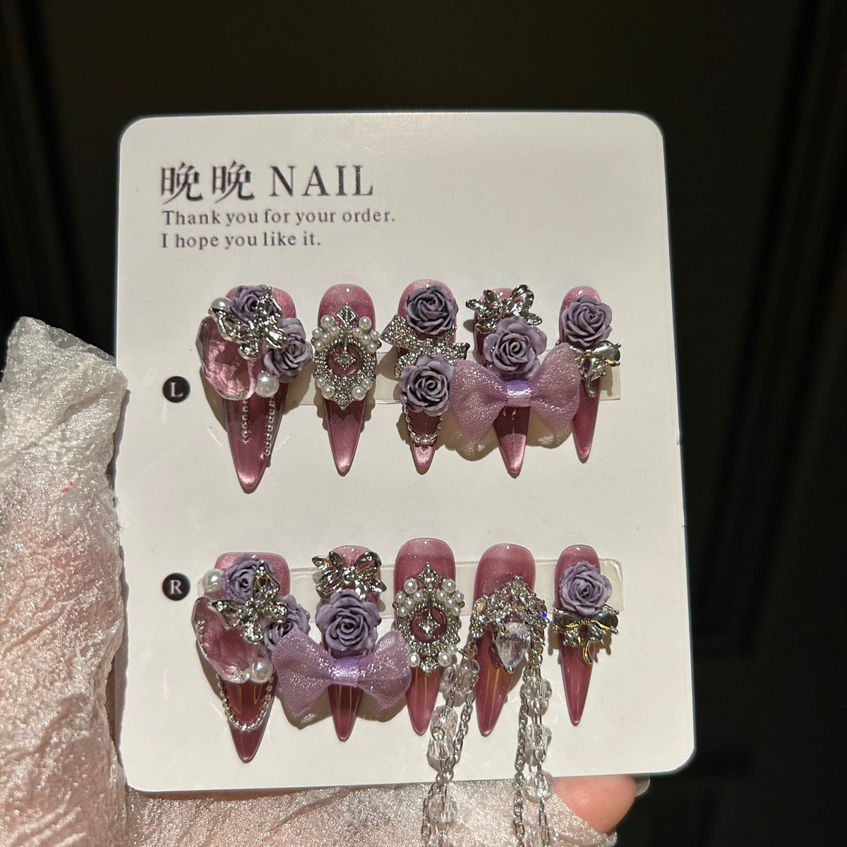 Mauve Pink Cat Eye Stiletto Press-on Nails with 3D Dusty Purple Roses, Sheer Organza Bow, Vintage Frame, and Crystal Draping Chain - Luxury Glam Fake Nail Set