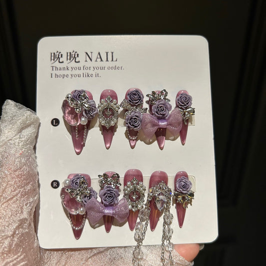 Mauve Pink Cat Eye Stiletto Press-on Nails with 3D Dusty Purple Roses, Sheer Organza Bow, Vintage Frame, and Crystal Draping Chain - Luxury Glam Fake Nail Set