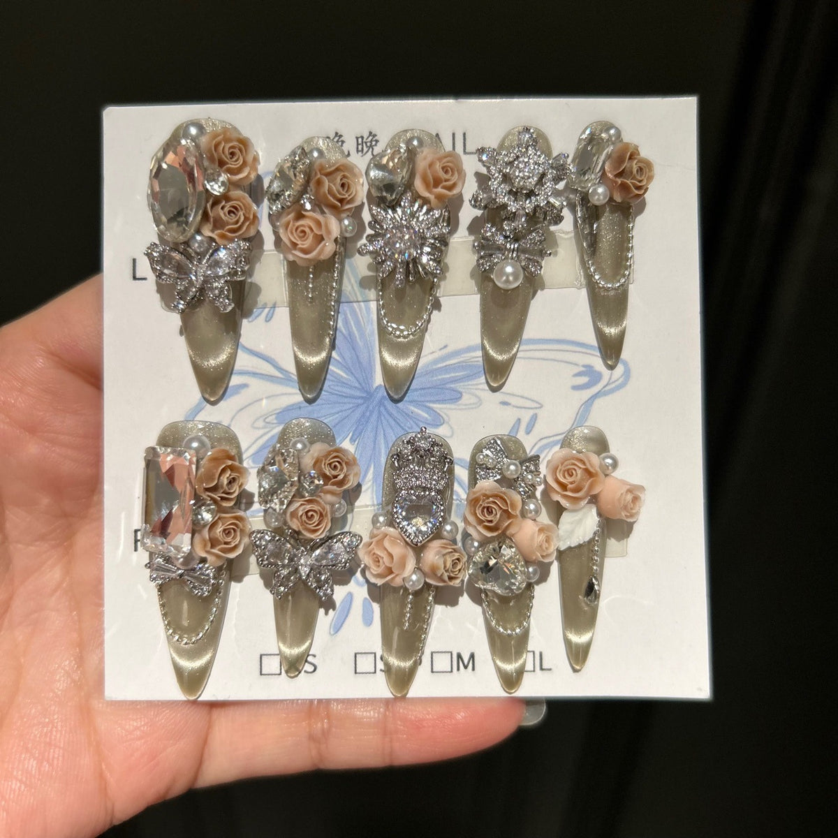 Handcrafted Designer Taupe Press-on Nails - Shimmering Cat Eye Base with Heavy 3D Rose Flowers, Crystals and Chain Drops