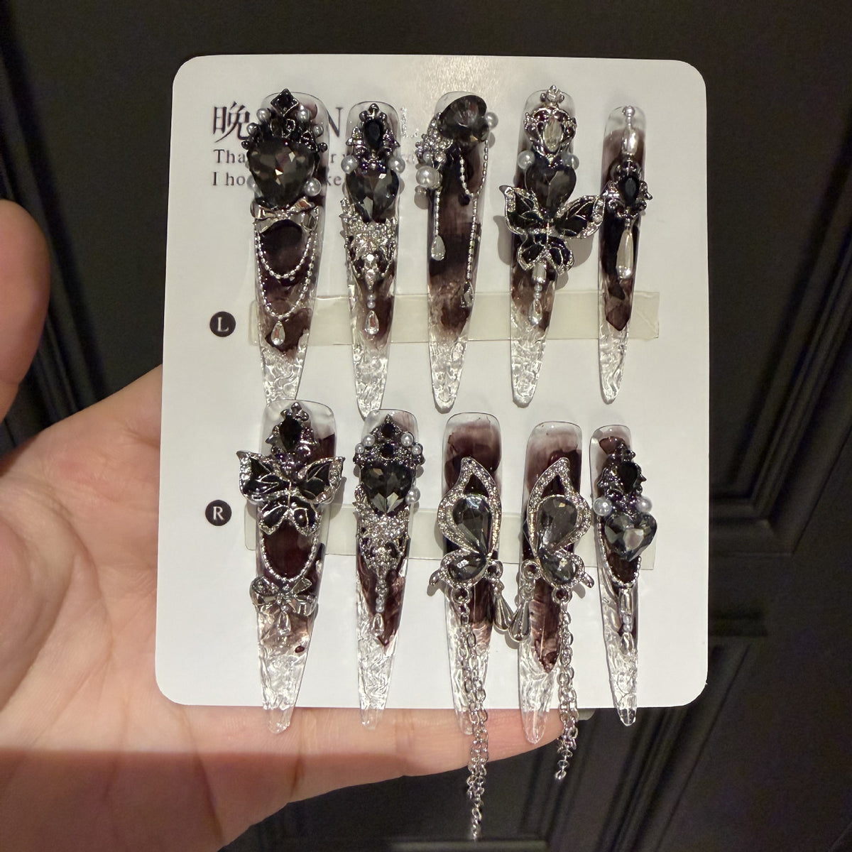 Handmade Dark Brown Smoky Long Stiletto Press On Nails, Gothic Black Butterfly False Nails with Heart Gems, Pearls & Dangling Chains