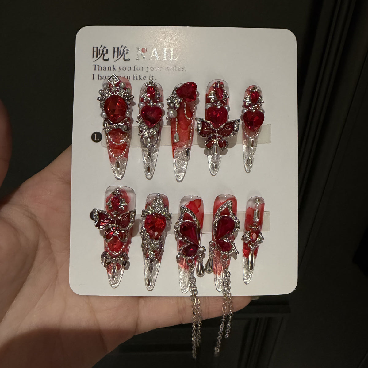 Handmade Red Petal Clear Long Stiletto Press On Nails with Large Red Heart Crystals & Butterfly Silver Charms