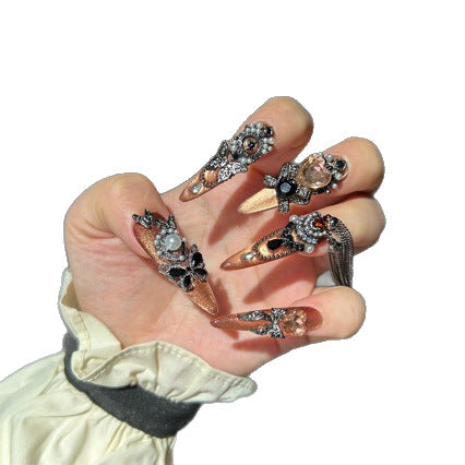 Handmade Bronze Metallic Butterfly Long Stiletto Press On Nails with Peach Heart Crystals & Tassel Chains