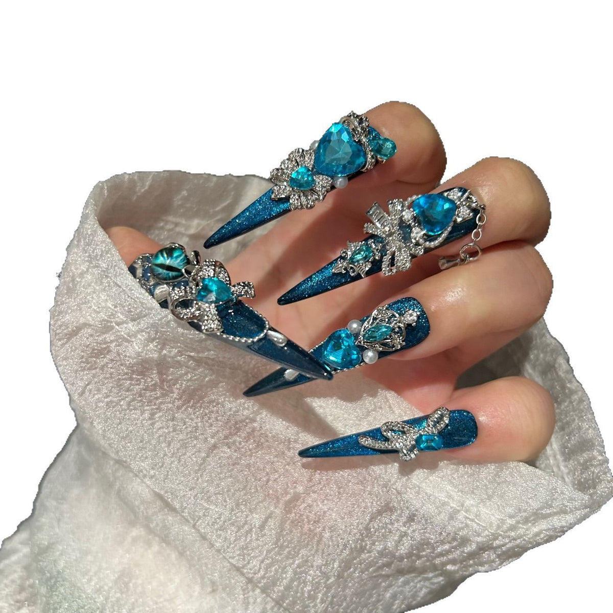 Handmade Teal Blue Cat Eye Long Stiletto Press On Nails with Evil Eye, Blue Heart Crystals & Rhinestone Bow Charms