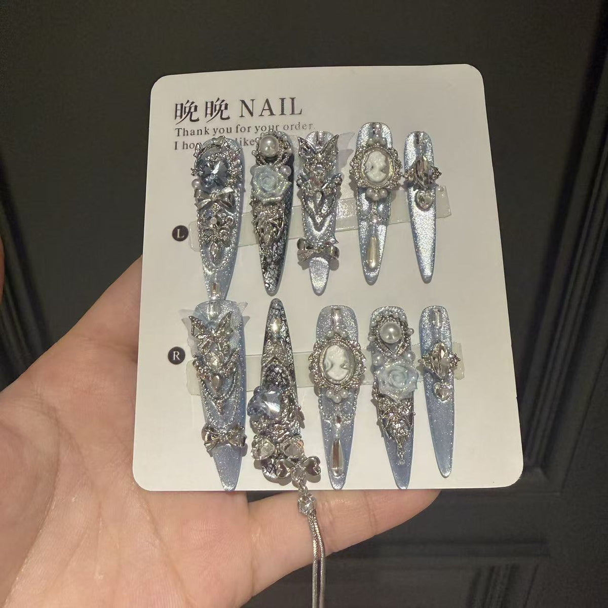 Handmade Silver Blue Cat Eye Long Stiletto Press On Nails with Vintage Portrait Cameo & Blue Rose Charms