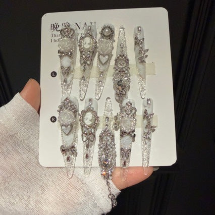 Handmade Clear White Long Stiletto Press On Nails with Vintage Cameo Frames, 3D White Roses, Rhinestone Crowns, Pearls & Dangling Silver Chains