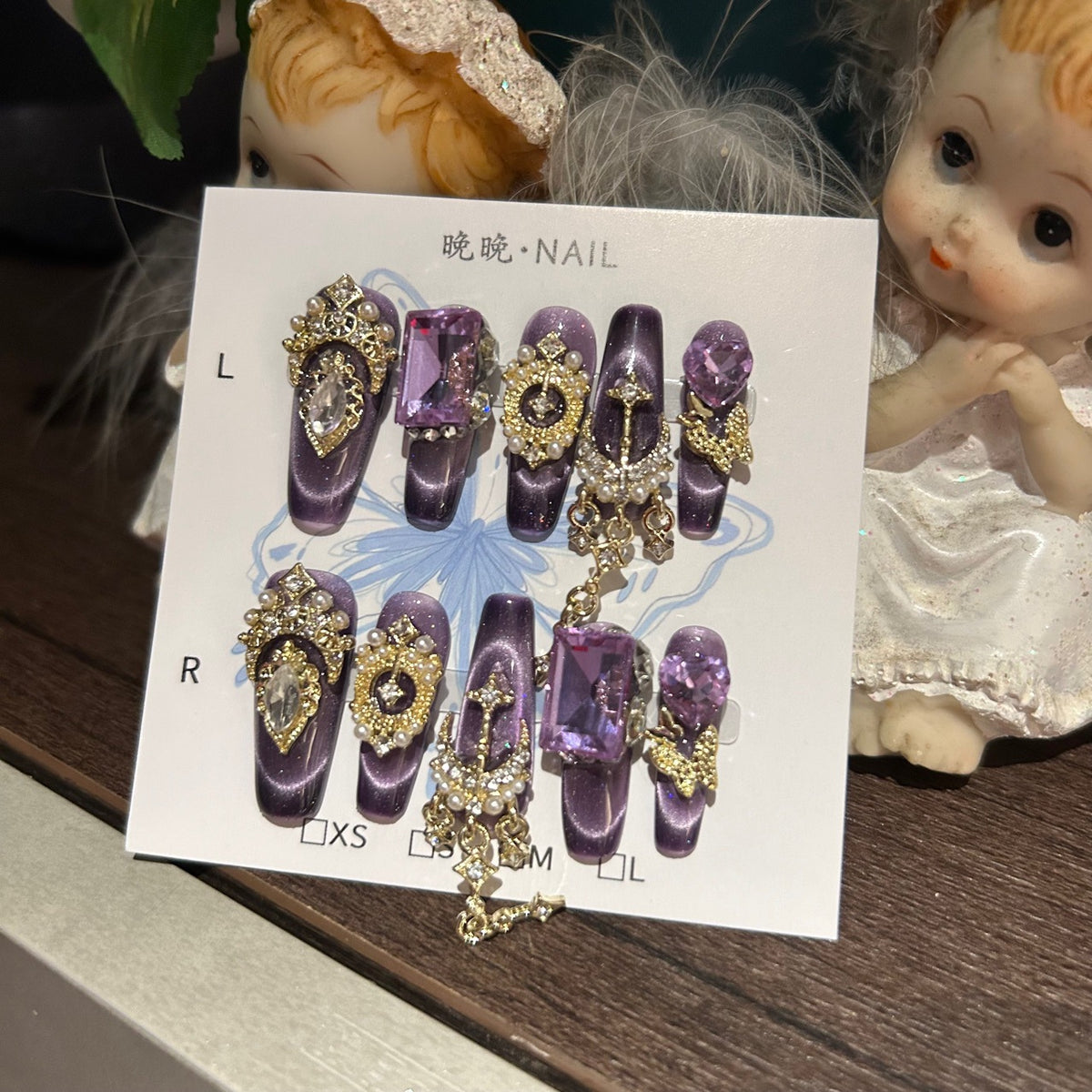 Handmade Purple Cat Eye Long Coffin Press On Nails with Amethyst Purple Crystals, Gold Moon Star Charms & Pearl Clusters