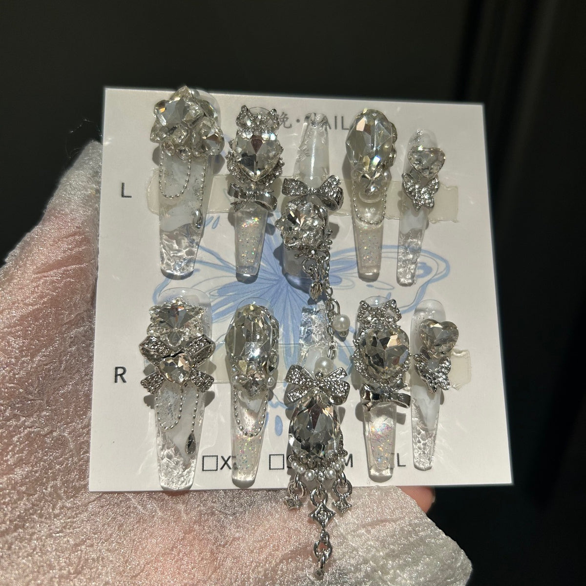 Handmade Clear Glitter Long Coffin Press On Nails with Huge Silver Crystal & Rhinestone Bow Charms