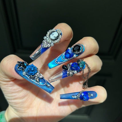 Handmade Royal Blue Vintage Long Coffin Press On Nails, Cameo Portrait False Nails with 3D Blue Rose, Butterfly, Pearls & Dangling Chains
