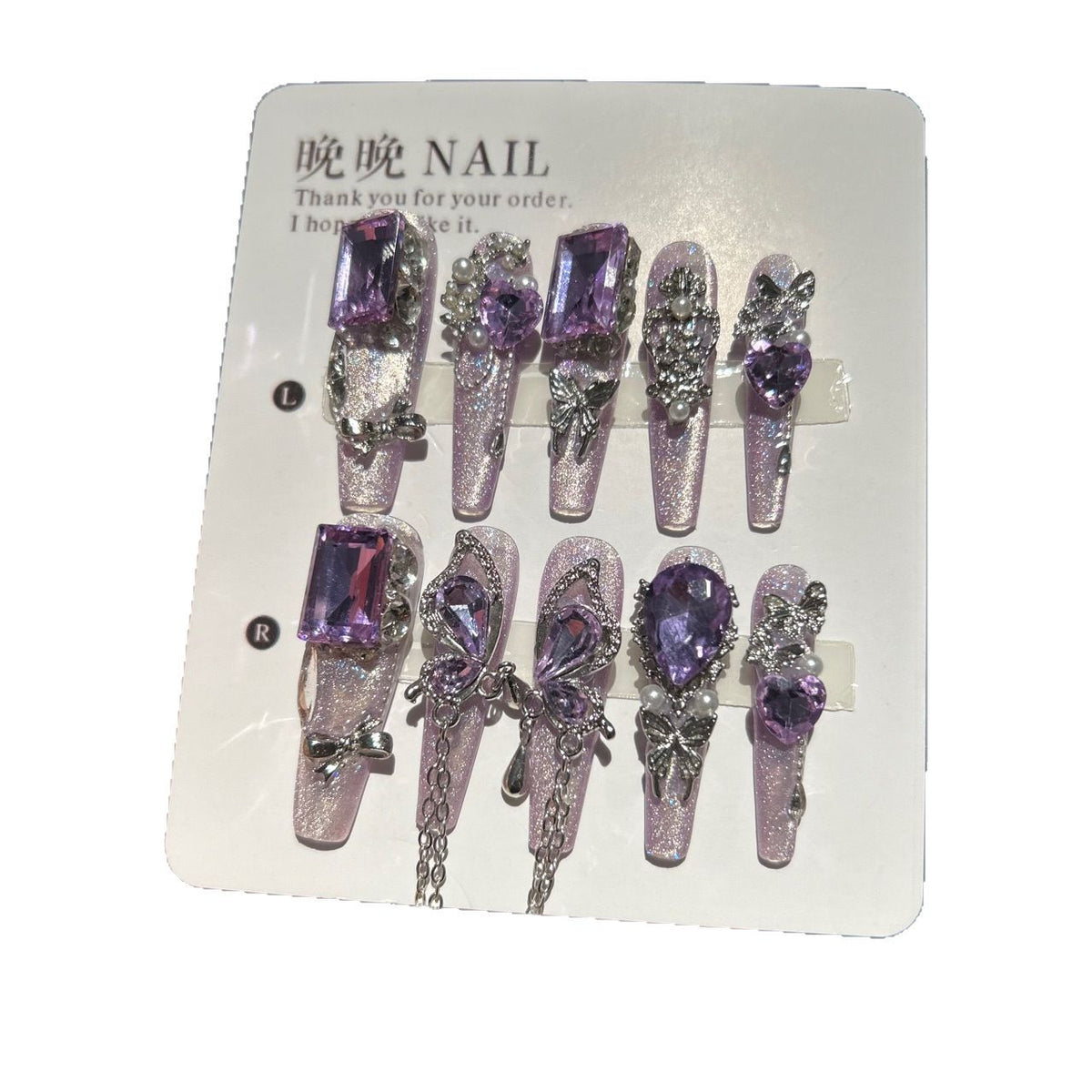 Handmade Lavender Cat Eye Long Coffin Press On Nails with Giant Purple Crystals, Silver Butterfly Charms, Pearl Accents & Silver Chain Tassels
