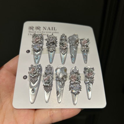 Silver Metallic Stiletto Press-on Nails with 3D Rose, Rhinestone, and Clear Heart Charms - Luxury Fake Nail Set