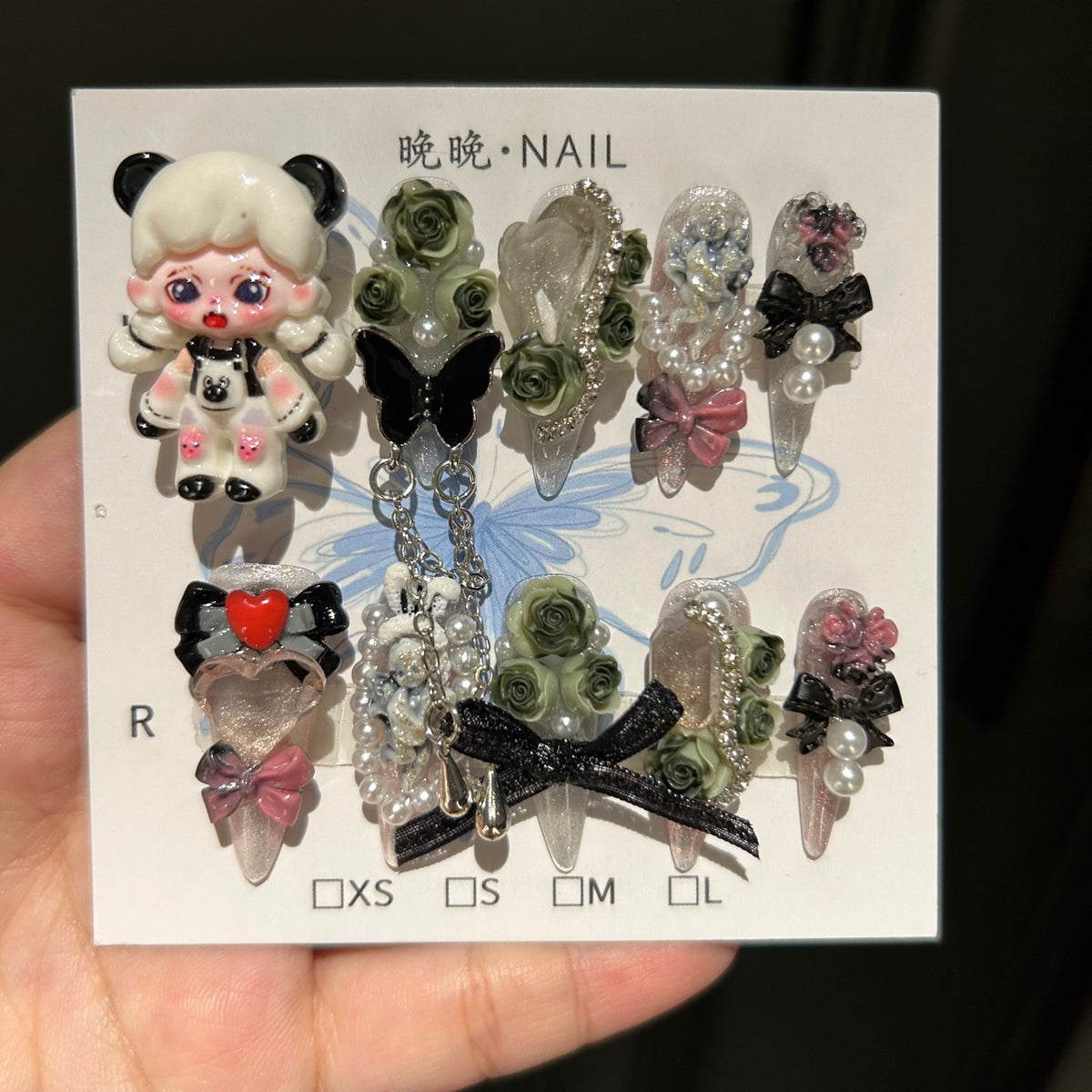 Handmade Clear Glitter Long Stiletto Press On Nails with 3D Panda Girl Resin Charms, Dark Green Roses, Butterfly, Fabric Bows, Pearls & Dangling Chains