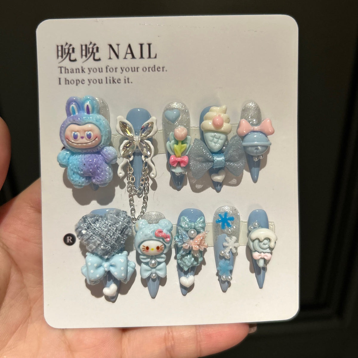 Handmade Blue Kawaii Long Stiletto Press On Nails, 3D Cartoon Character False Nails with Bow, Butterfly & Resin Charms