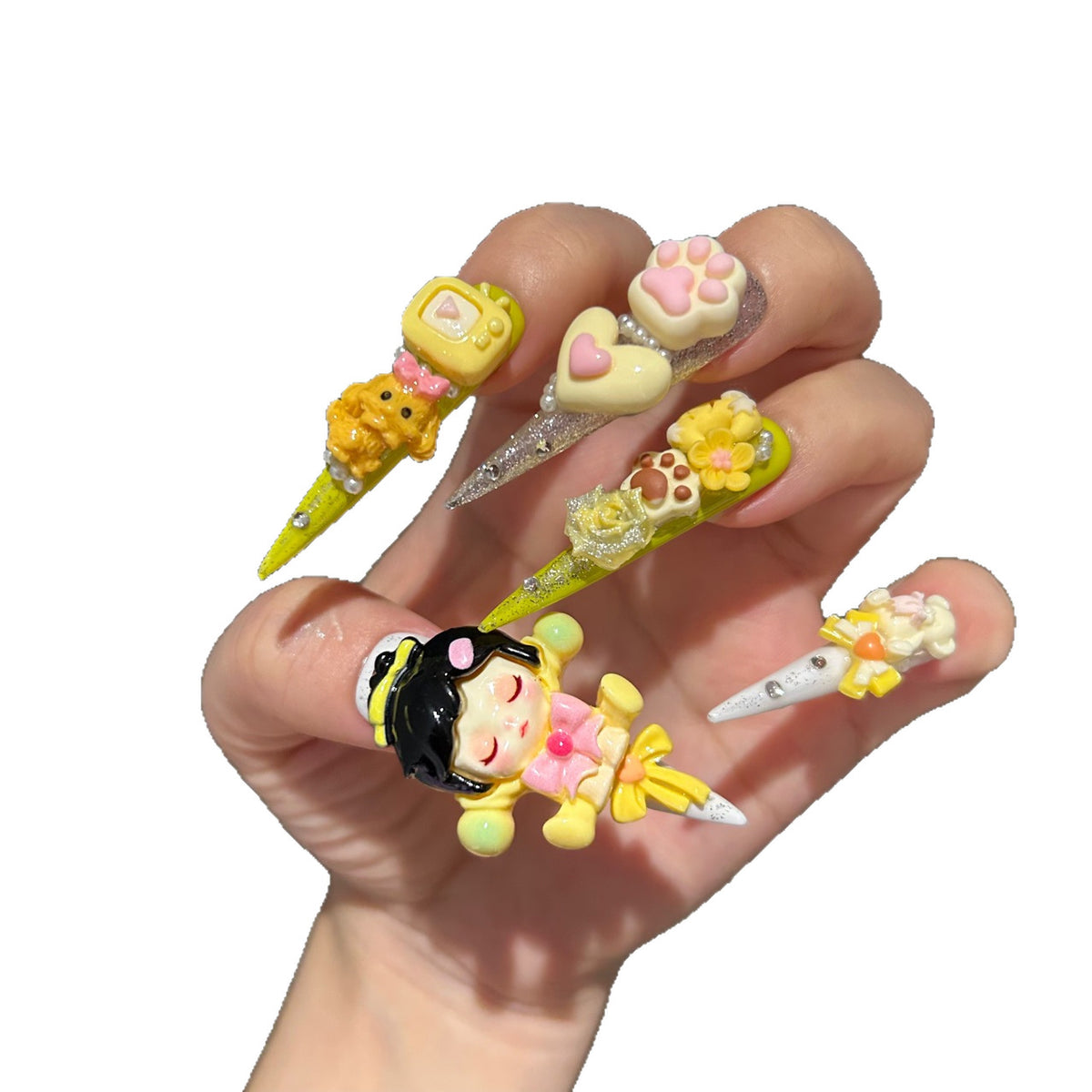 Yellow Kawaii Stiletto Press-on Nails with 3D Anime Doll, Cat Paw, Cute Puppy, and Floral Charms - Playful Art Toy Fake Nail Set