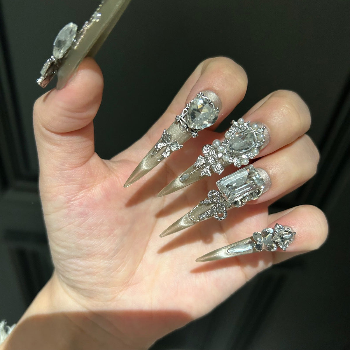 Handcrafted Designer Silver Press-on Nails - Shimmering Cat Eye Base with Heavy 3D Rhinestones, Large Crystals and Pearl Edging