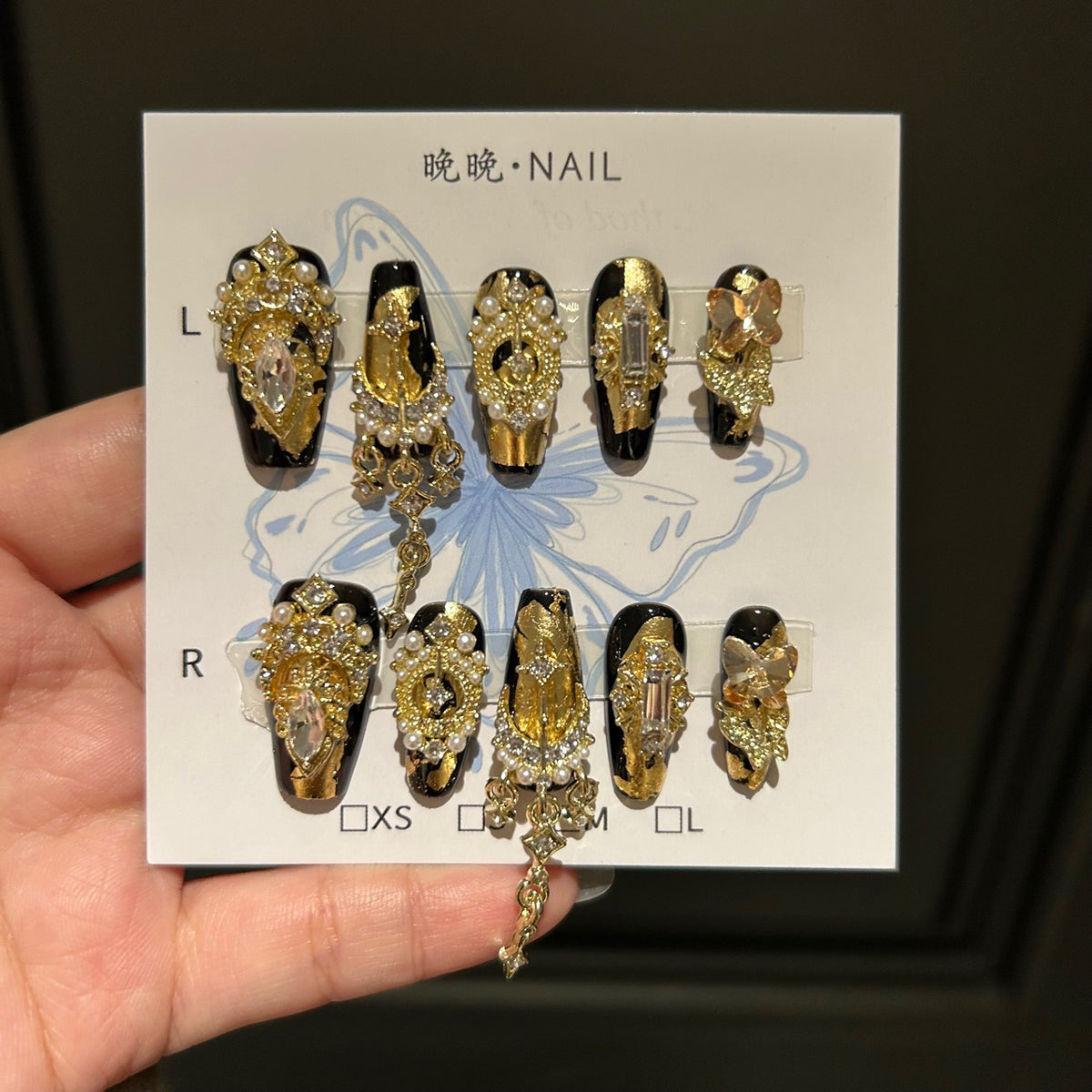 Handmade Black Gold Foil Long Coffin Press On Nails with Gold Butterfly Charms, Luxury Crystal & Pearl Clusters, Dangling Gold Chains