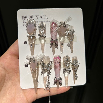 Handmade Champagne Glitter Long Stiletto Press On Nails, Anime Girl Print False Nails with Pink Heart Gems, Bow & Dangling Chains