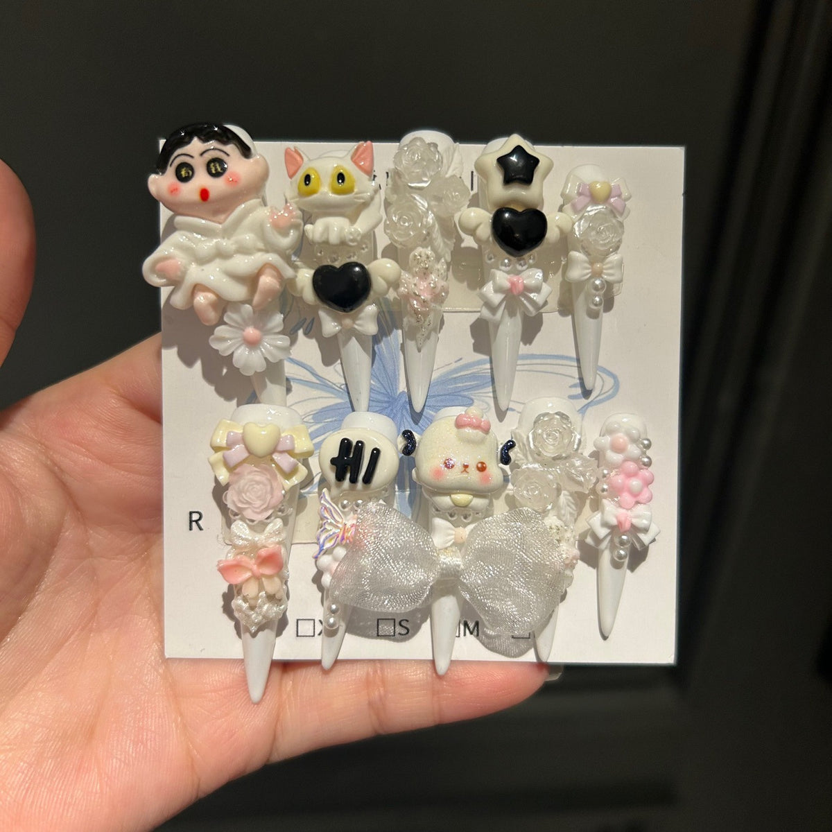 Kawaii Cartoon Anime Stiletto Press-on Nails with 3D Crayon Shin-chan, Cute Cat, Mesh Bowknot, and Trendy Charms - Sweet & Quirky Fake Nail Set