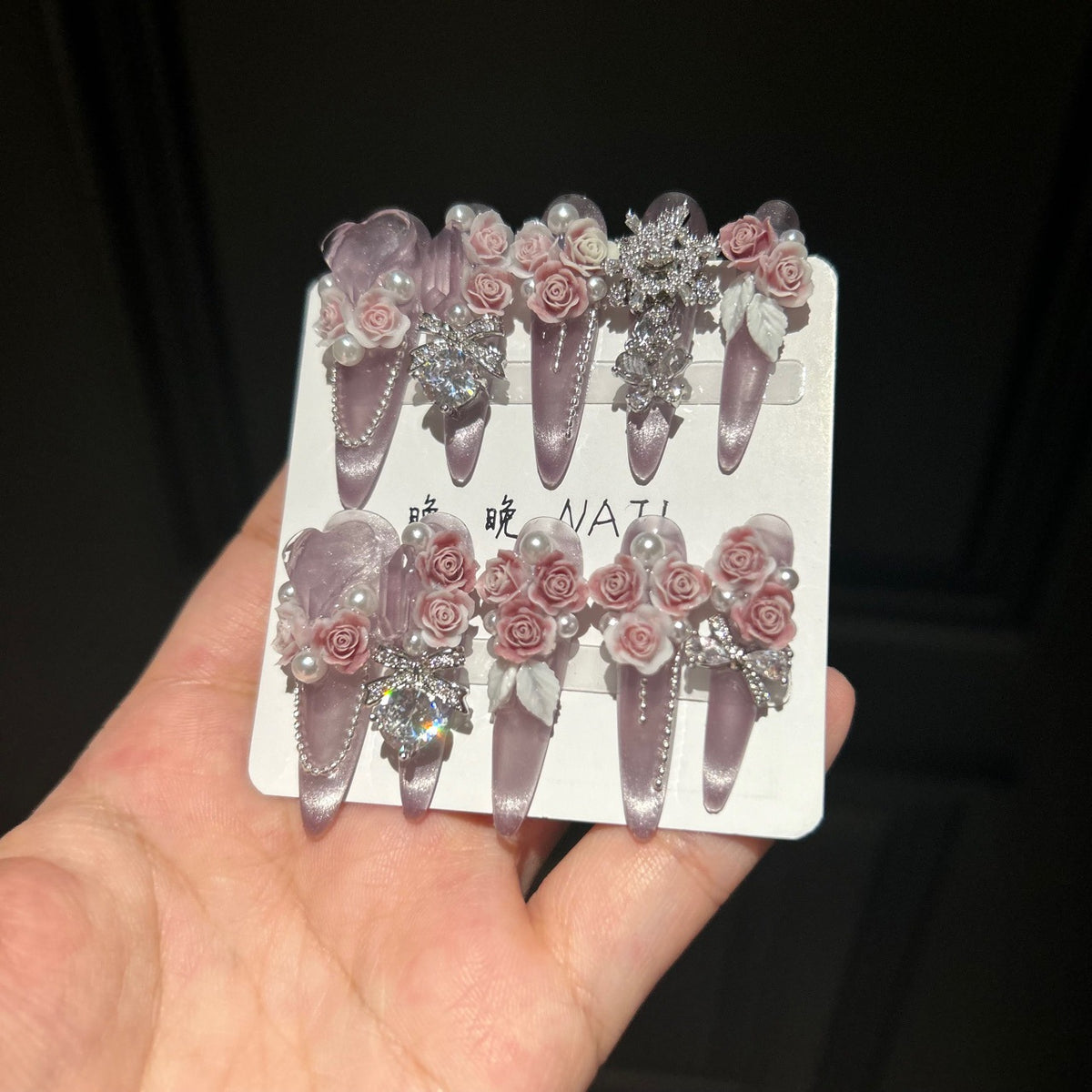 Handmade Dusty Pink Cat Eye Long Stiletto Press On Nails with 3D Pink Roses, Silver Rhinestone Charms, Pearls & Sheer Organza Bows