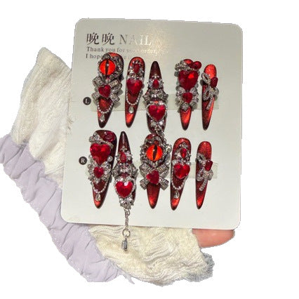 Handmade Red Evil Eye Press On Nails | Luxury Heavy Industry Rhinestone & 3D Heart Reusable Fake Nails, Dark Goth Red Cat Eye Nail Art