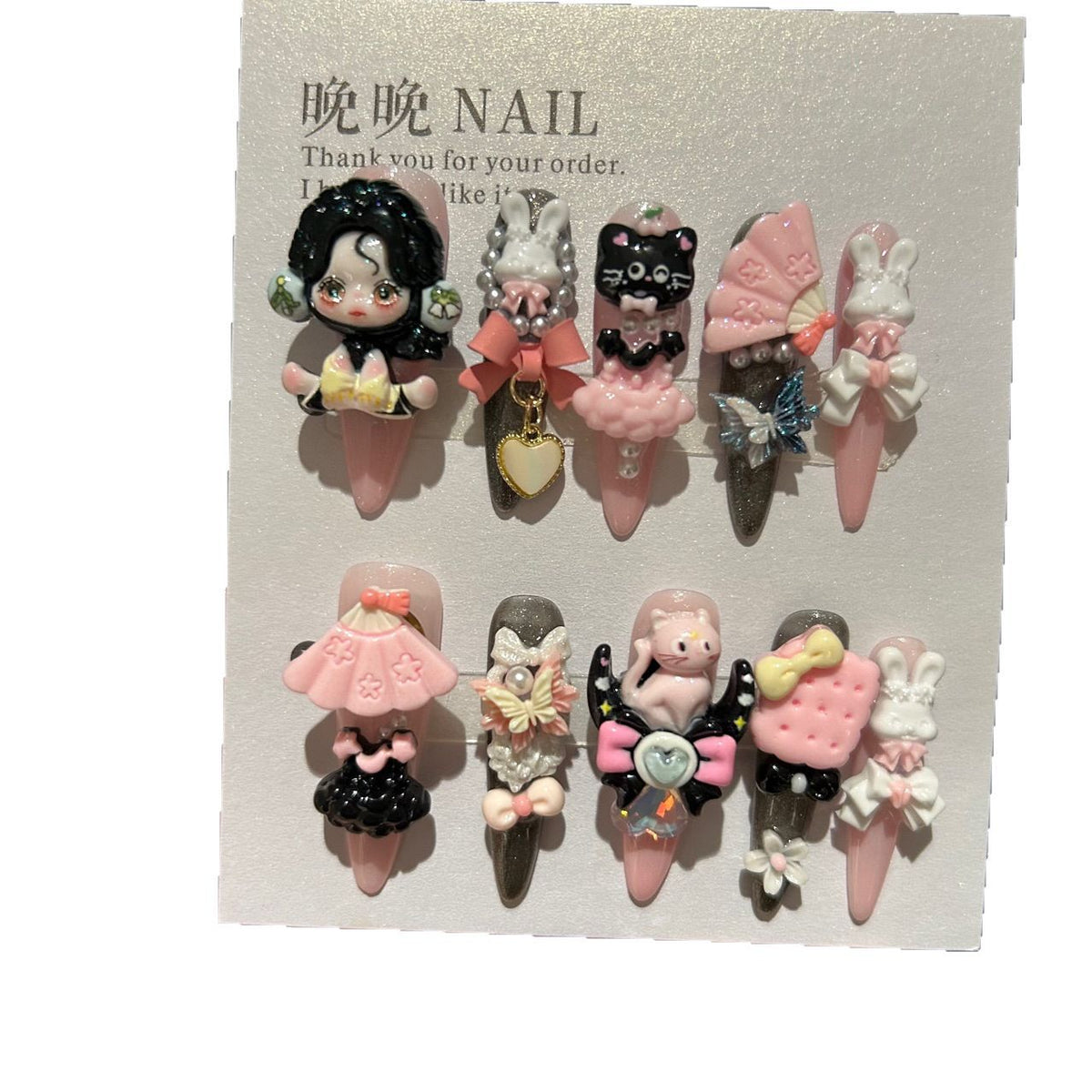 Handmade Kawaii Pink Long Stiletto Press On Nails with 3D Doll, Bunny & Black Cat Charms, Fan & Bow Decorations